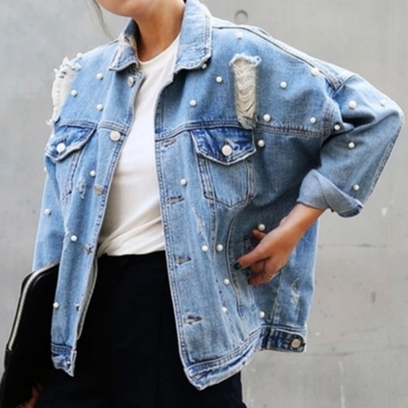 BLANC NY Jackets & Blazers -  Distressed Pearl Bead Jean Denim Vintage Jacket